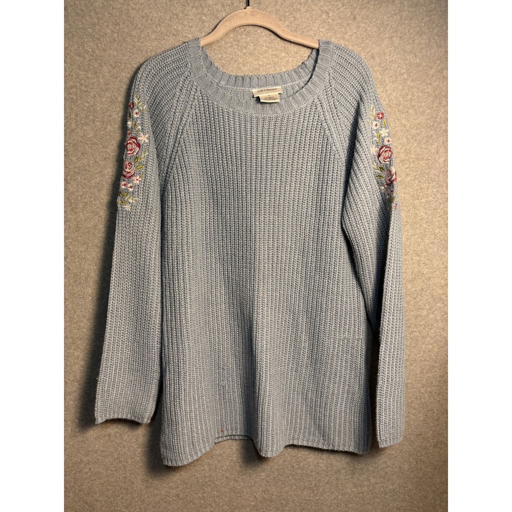 CW‎ Classics Embroidered Sweater Large Light Blue Cottagecore Floral Knit